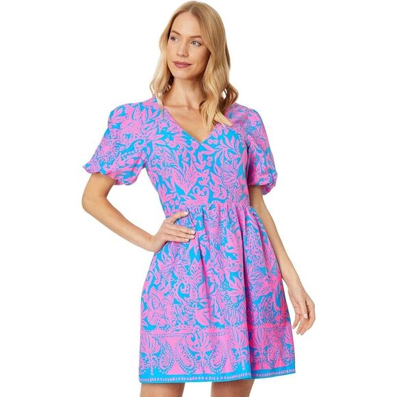 Lilly Pulitzer Suzie Pink Floral V-Neck Short Sleeve Mini Dress Womans Size 8